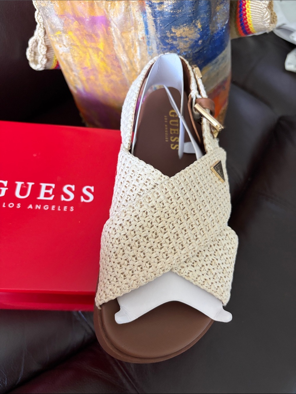 GUESS Cream Woven Slingback Sandals with Gold Buckle